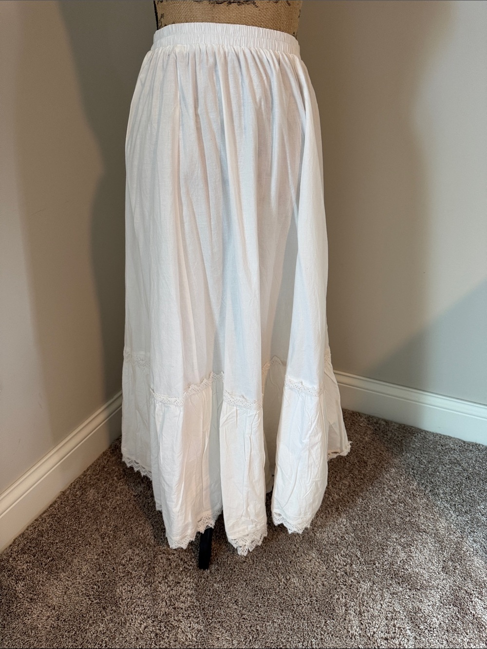 Women's White Maxi Skirt with Lace Hem